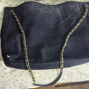 Tory Burch Black Suede Shoulder Bag with Gold Chain